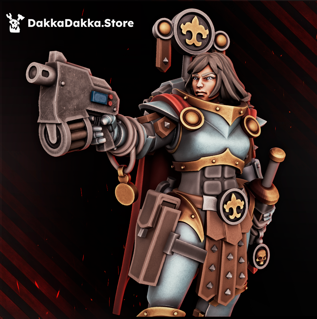 Legio Artemis Emissarius by DakkaDakka, close-up of a sci-fi female commander miniature aiming a heavy pistol with ornate armor, red cloak, and command icon.