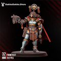 Legio Artemis Emissarius resin miniature by DakkaDakka, shown from the front with pistol raised, sword at her side, red cloak, and detailed sci-fi armor.