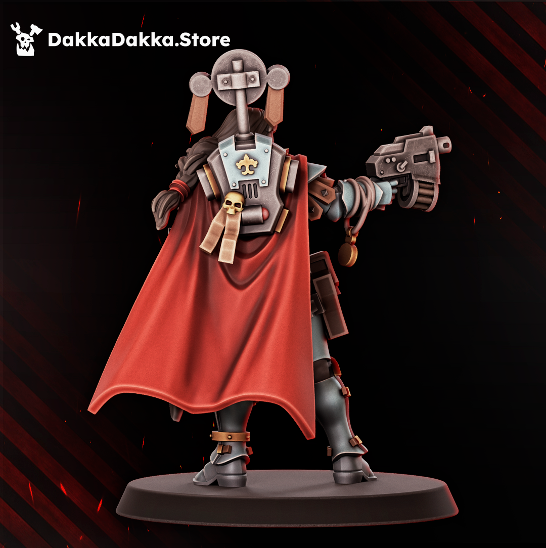 Rear view of Legio Artemis Emissarius by DakkaDakka, showing the flowing red cloak, backpack icon detail, armor plates, and raised pistol pose.