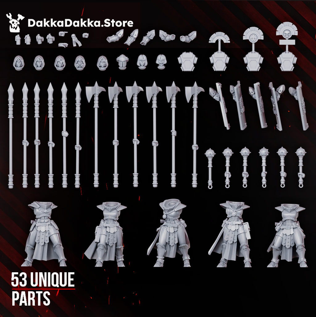 Legio Artemis Eruptrix modular build kit by DakkaDakka showing 53 unique resin parts including bodies, heads, shields, banners, polearms, maces, and weapon arms.