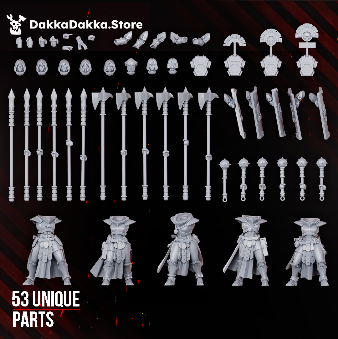 Legio Artemis Eruptrix modular build kit by DakkaDakka showing 53 unique resin parts including bodies, heads, shields, banners, polearms, maces, and weapon arms.