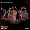 Legio Artemis Eruptrix Squad by DakkaDakka, showing five armored sci-fi warrior miniatures with red shields, polearms, maces, banners, and hooded head options.