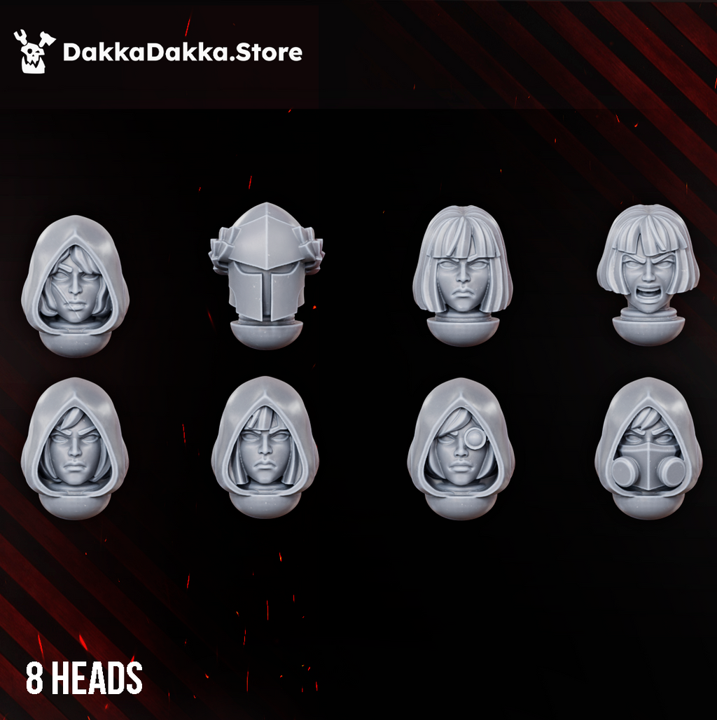 Legio Artemis Eruptrix head bits by DakkaDakka, showing 8 sci-fi female warrior head options with hoods, helmets, bare heads, and respirator details.