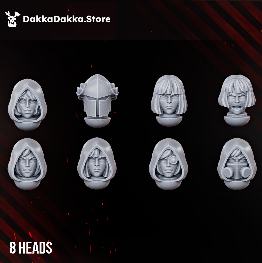 Legio Artemis Eruptrix head bits by DakkaDakka, showing 8 sci-fi female warrior head options with hoods, helmets, bare heads, and respirator details.
