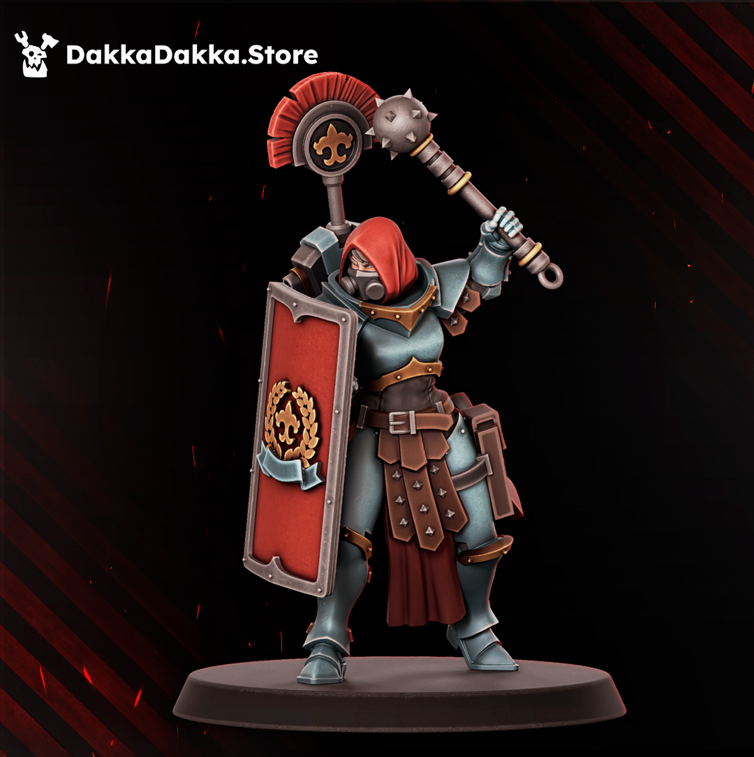 Legio Artemis Eruptrix miniature by DakkaDakka with hood, respirator mask, red shield, and raised spiked mace.