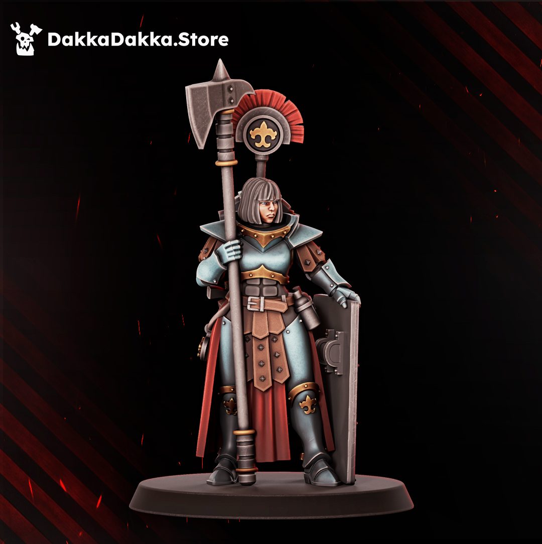 Legio Artemis Eruptrix sci-fi warrior by DakkaDakka holding a long axe and shield with red and gold armor details.