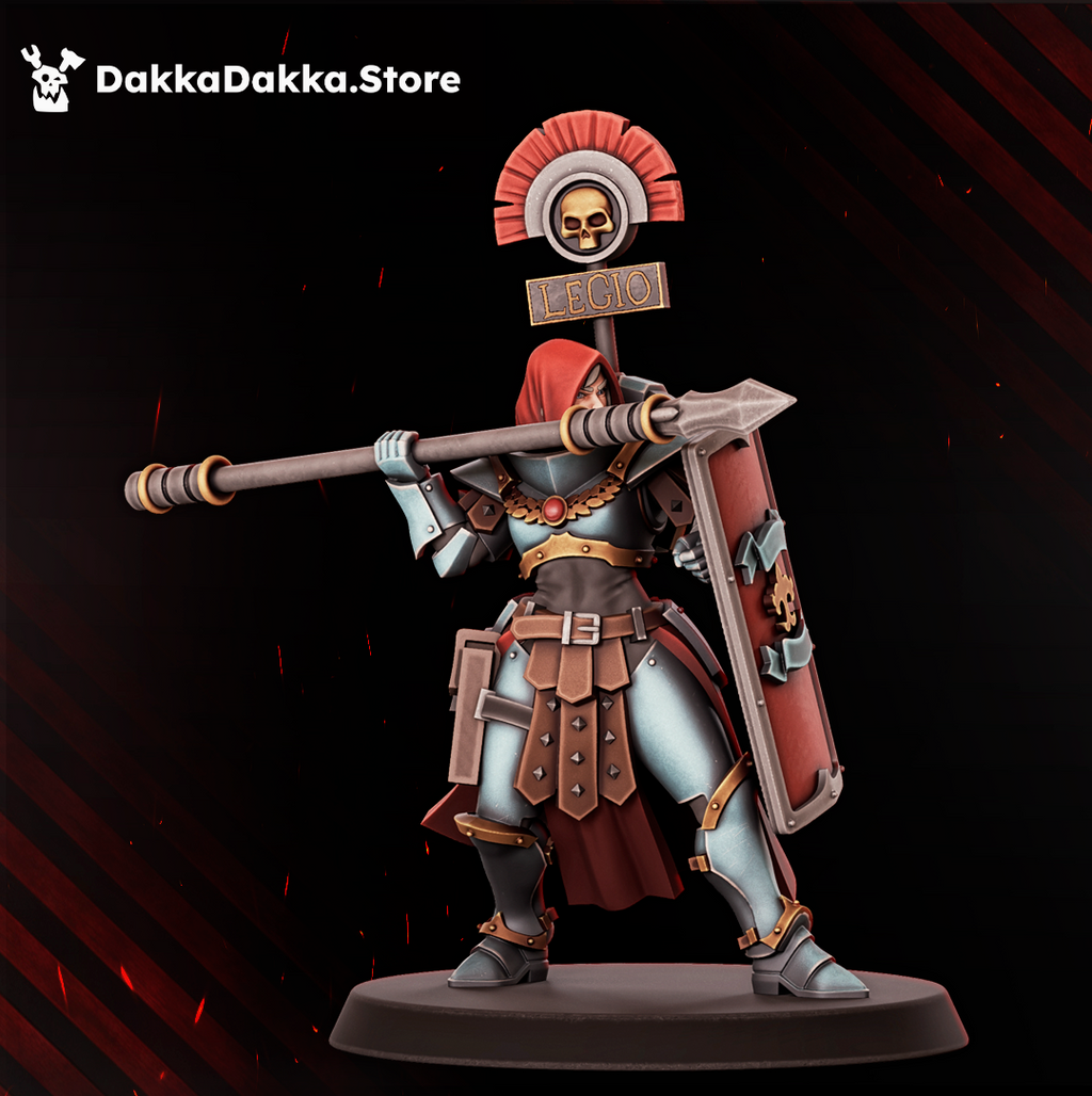 Legio Artemis Eruptrix miniature by DakkaDakka carrying a long spear and shield with Legio banner detail.