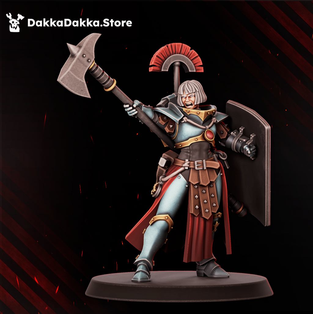 Legio Artemis Eruptrix warrior by DakkaDakka posed with a long polearm, red shield, hood, and armored sci-fi details.