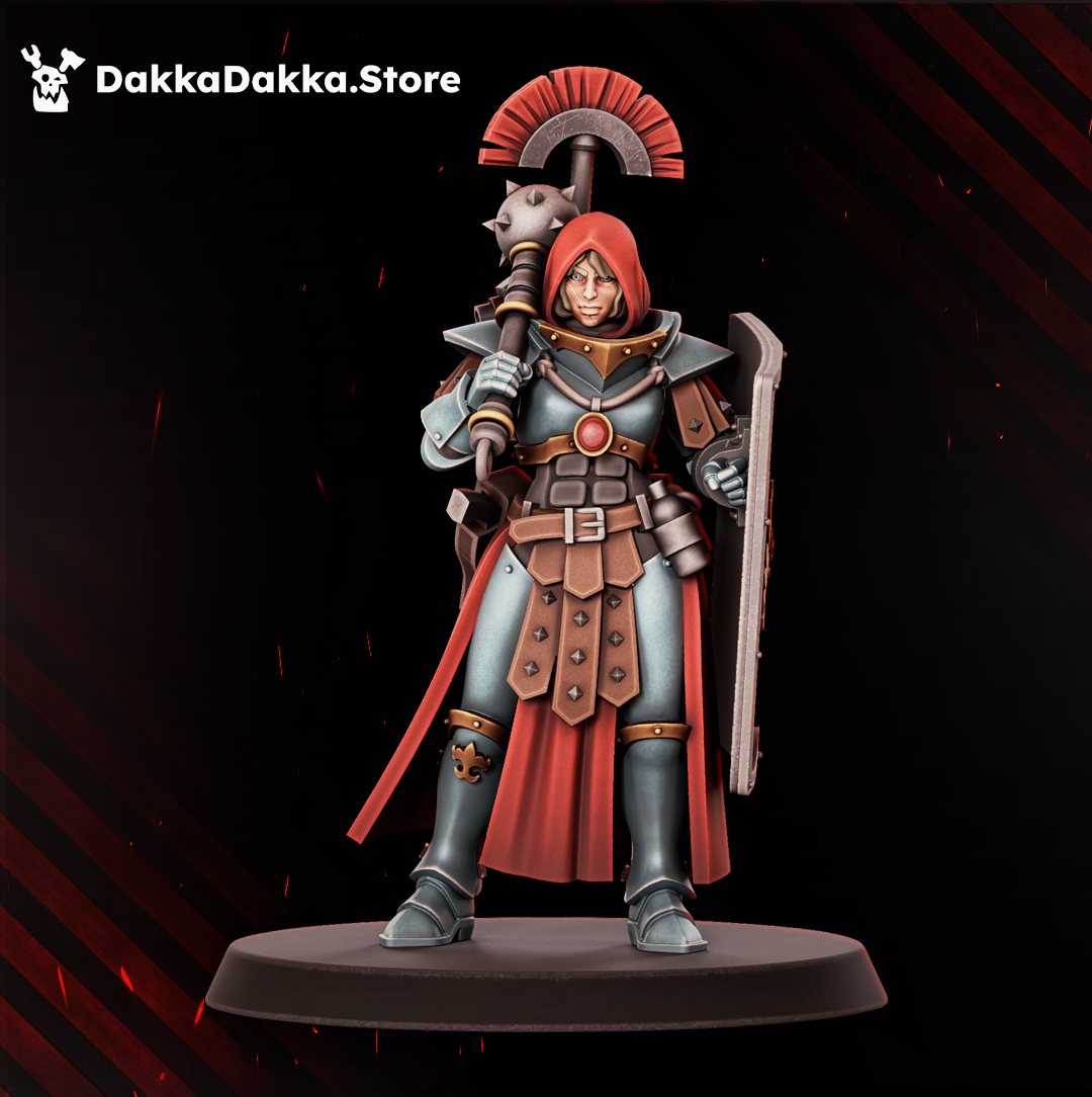 Legio Artemis Eruptrix miniature by DakkaDakka with red hood, shield, raised mace, and armored sci-fi infantry styling.