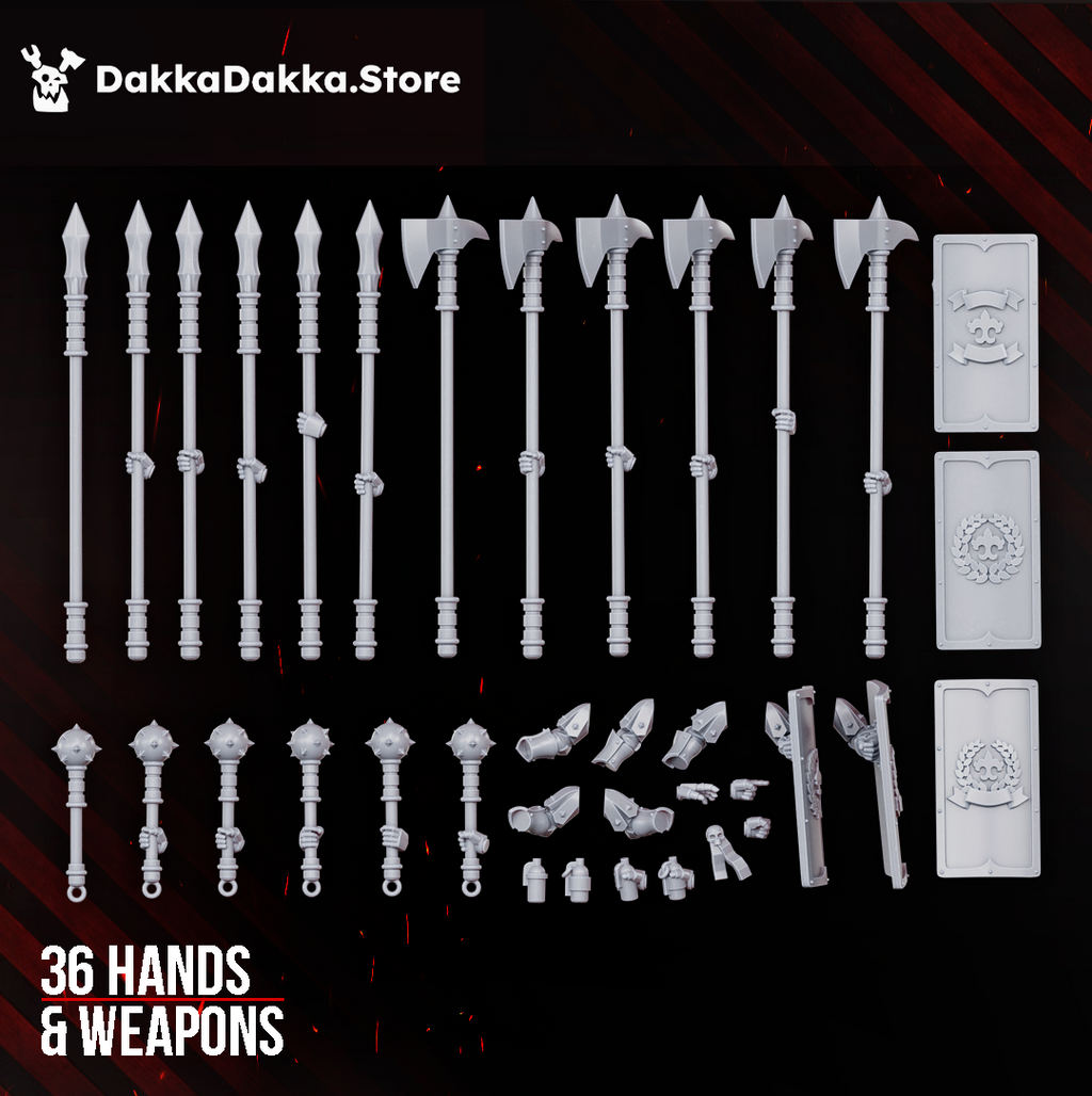 Legio Artemis Eruptrix weapons and hands by DakkaDakka, showing 36 resin weapon bits including spears, axes, maces, shields, and arm options.