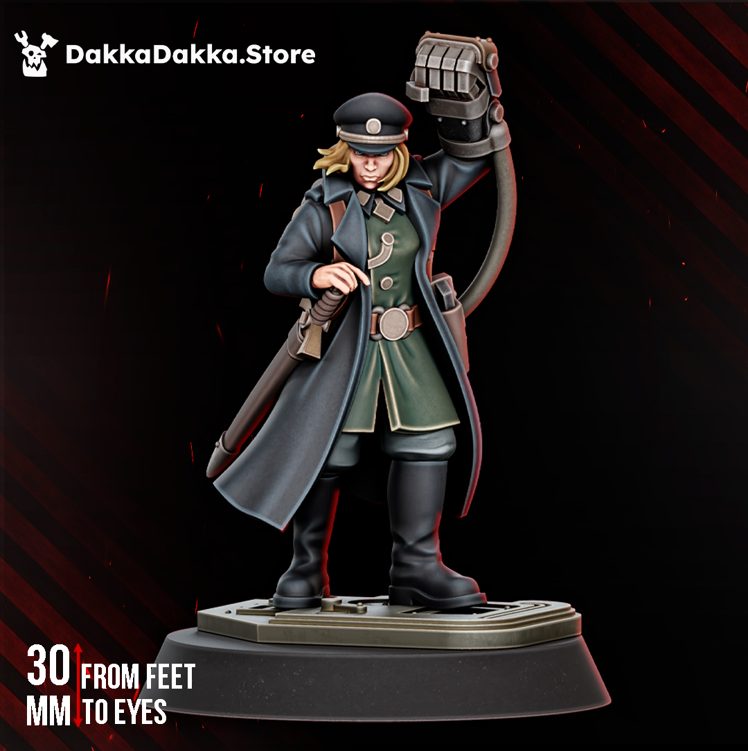 Legio Kommissar Graber by DakkaDakka, a sci-fi officer miniature with long coat, cap, sword, raised mechanical gauntlet, and scenic base.