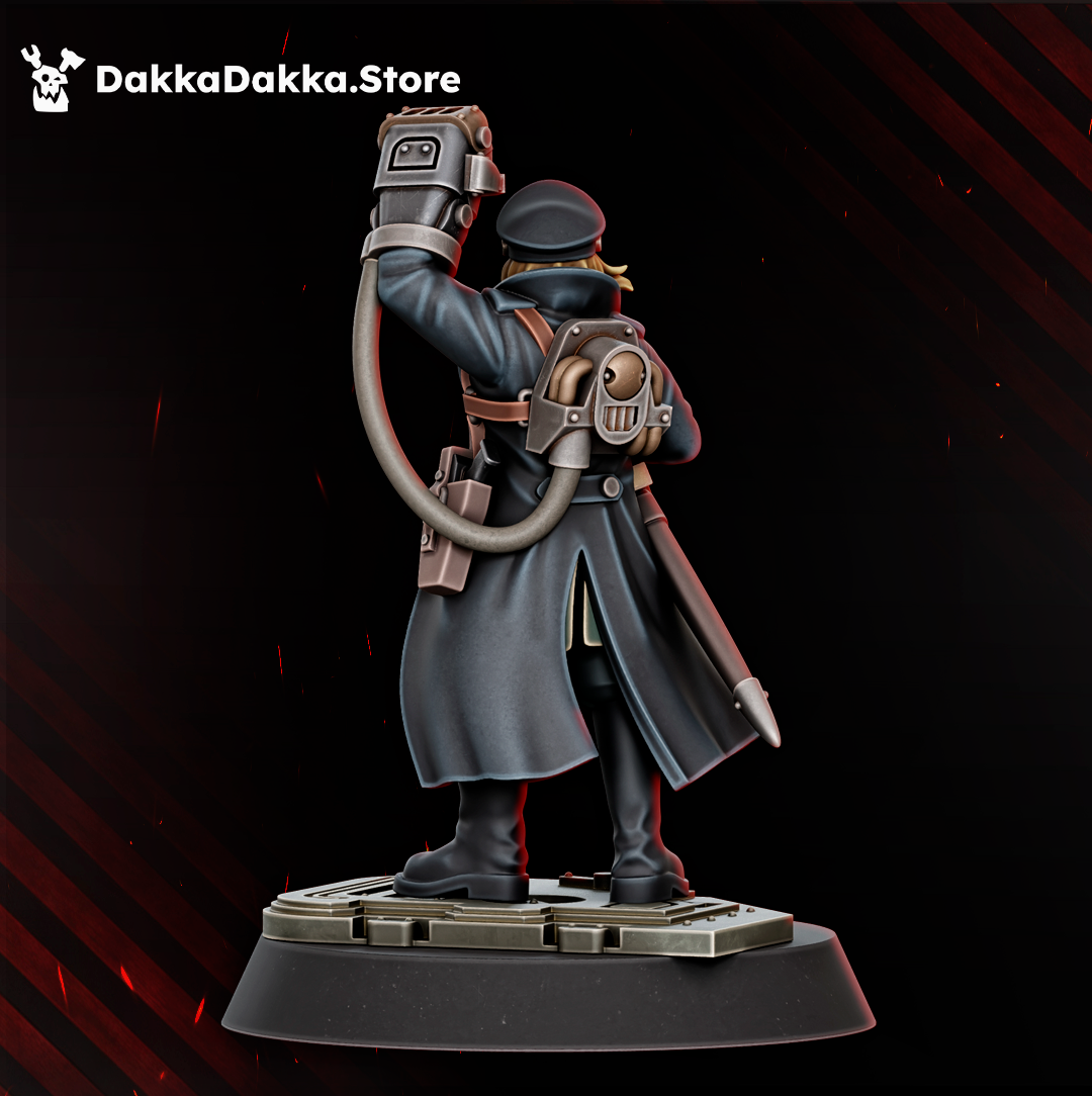 Rear view of Legio Kommissar Graber by DakkaDakka, showing the long coat, backpack cabling, raised mechanical gauntlet, sword, and detailed sci-fi base.