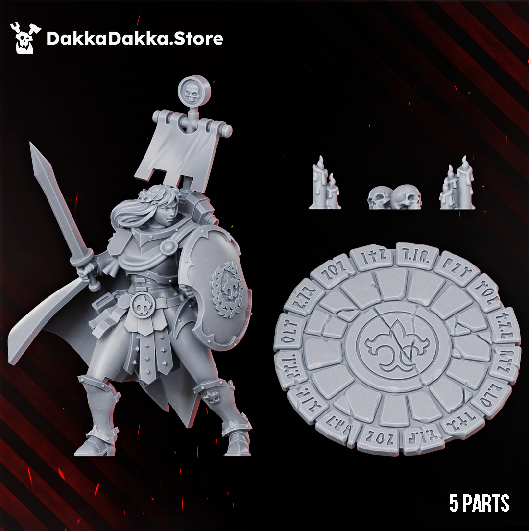 Legio Artemis Shield Maiden by DakkaDakka shown with modular resin parts, scenic ritual base, shield, blade, banner, candles, and skull details.