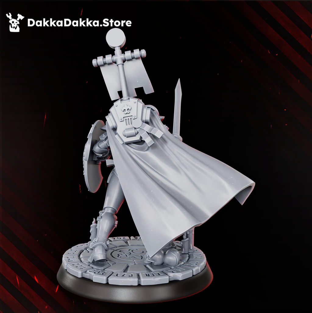 Rear view of Legio Artemis Shield Maiden by DakkaDakka showing flowing cape, back banner, shield, sword, and scenic base details.