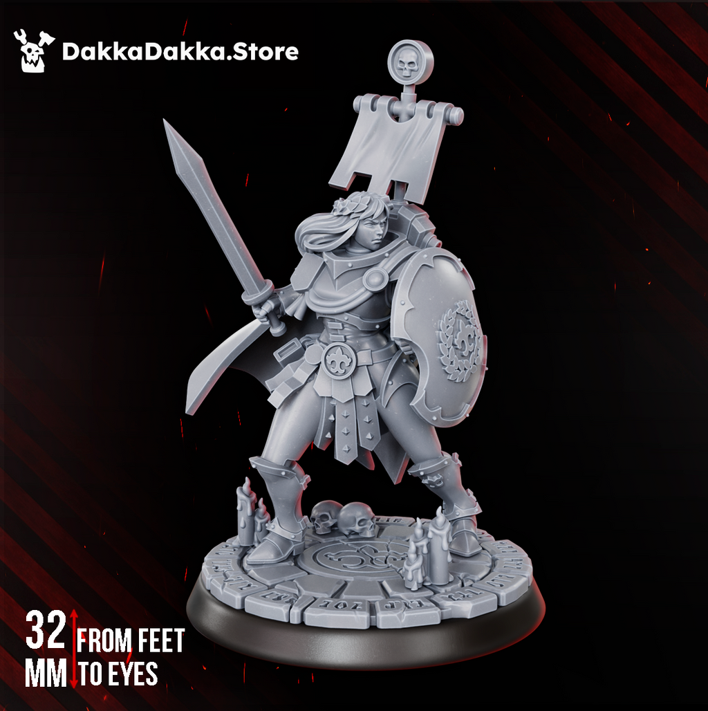 Legio Artemis Shield Maiden by DakkaDakka, a 32mm resin female warrior miniature with shield, raised blade, banner, cape, and scenic ritual base.