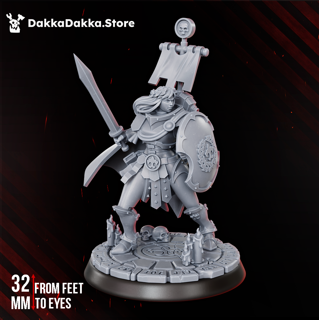 Legio Artemis Shield Maiden by DakkaDakka, a 32mm resin female warrior miniature with shield, raised blade, banner, cape, and scenic ritual base.