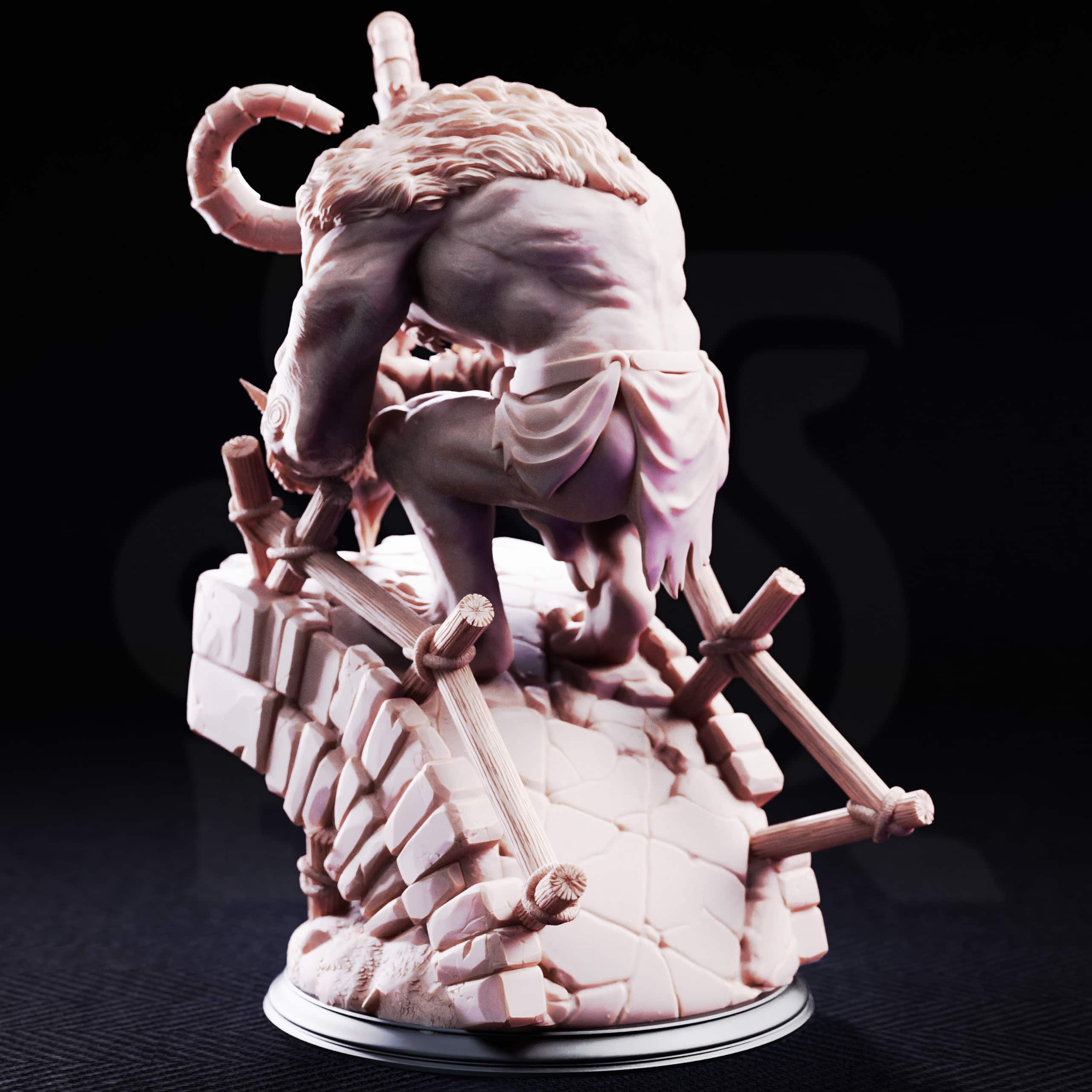 Rear view of Little John Bridge Troll by DM Stash, showing the large troll’s back, fur texture, curved horns, broken bridge base, wooden supports, and rope details.