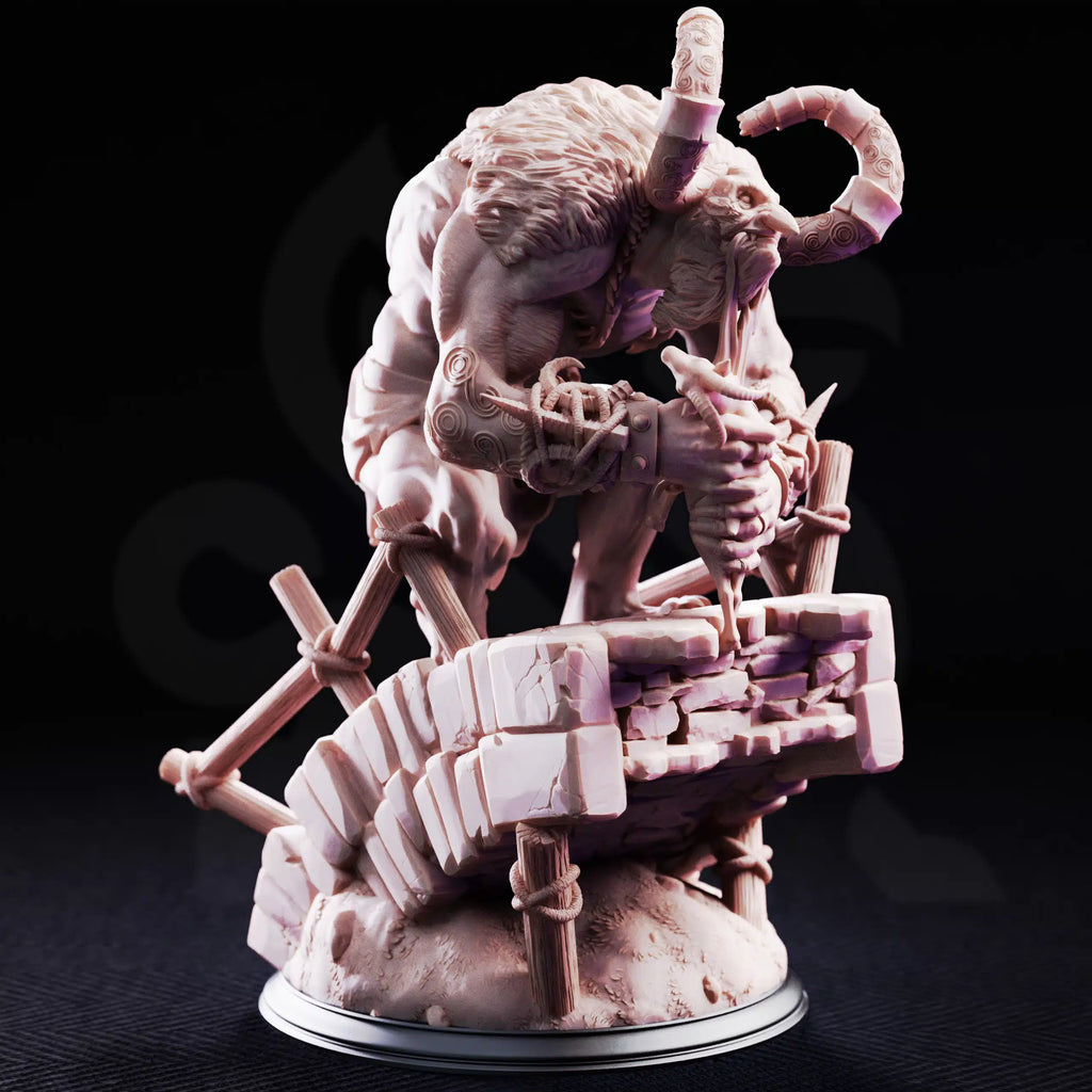 Front view of Little John Bridge Troll by DM Stash, showing a fantasy troll monster gripping a victim on a broken bridge with stonework and wooden supports.