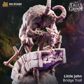 Little John Bridge Troll miniature by DM Stash, shown as a large fantasy troll crouched on a broken bridge with horns, stonework, rope details, and scenic base.