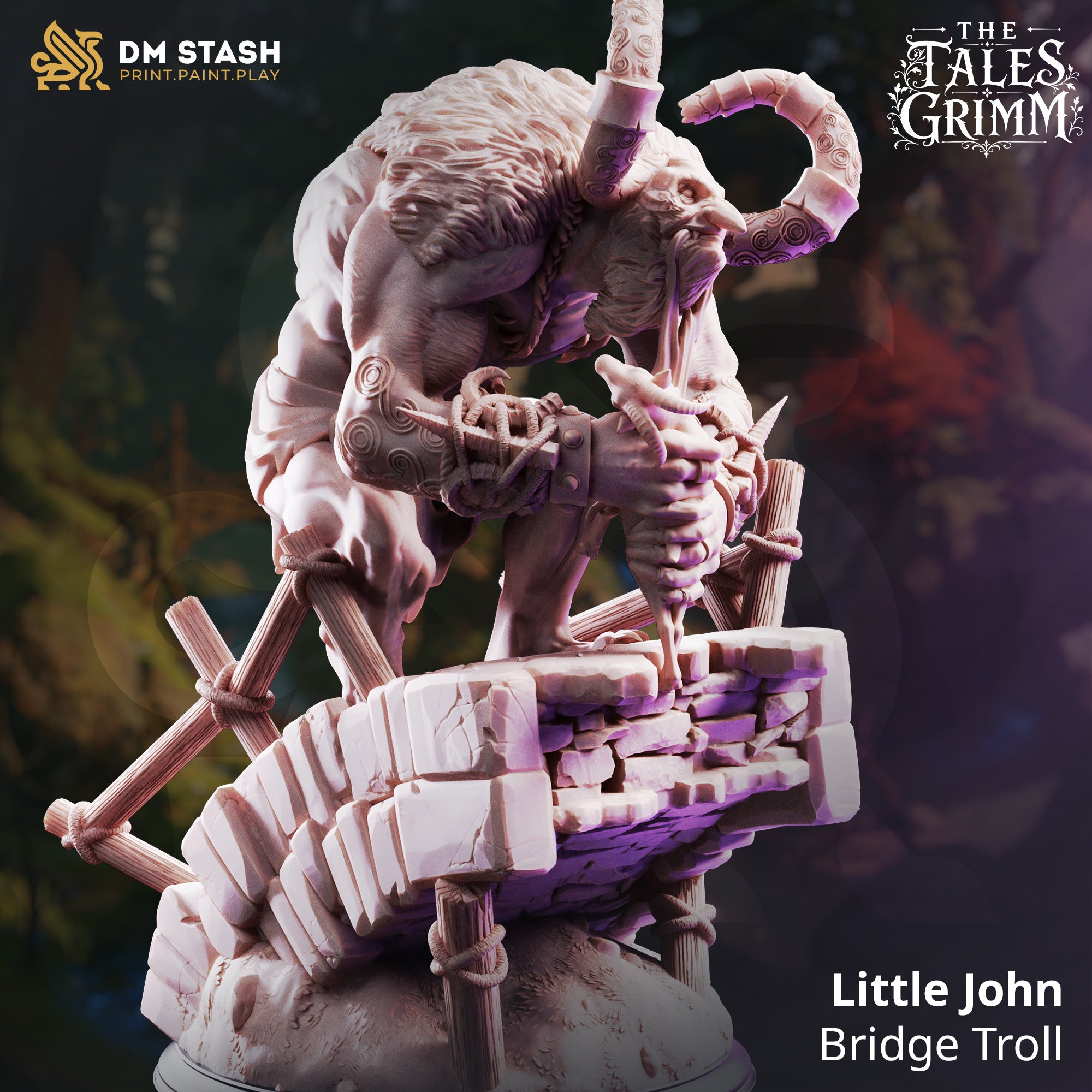 Little John Bridge Troll miniature by DM Stash, shown as a large fantasy troll crouched on a broken bridge with horns, stonework, rope details, and scenic base.