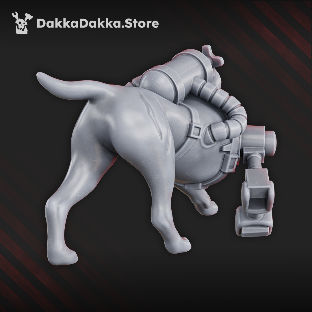 Rear view of Livis Biostation Toxic Hound by DakkaDakka, showing the sci-fi hound’s back-mounted tank, tubing, and biohazard-style gear.