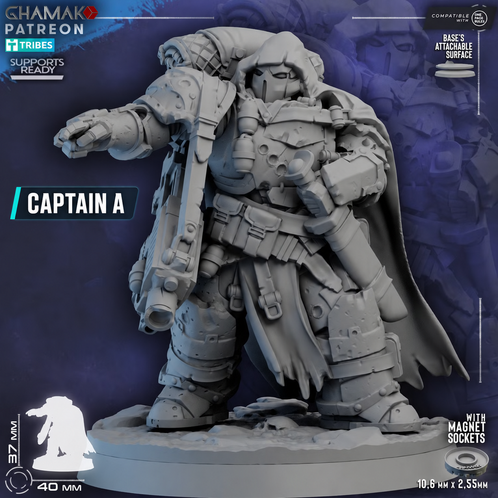 Lost Legion Captain A by Ghamak wearing a hooded helmet and cloak while pointing forward and carrying a long rifle
