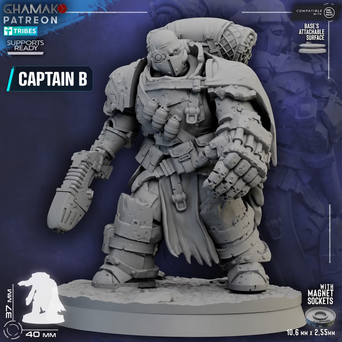 Lost Legion Captain B by Ghamak with respirator mask, compact firearm, oversized armored fist, and battle-worn armor
