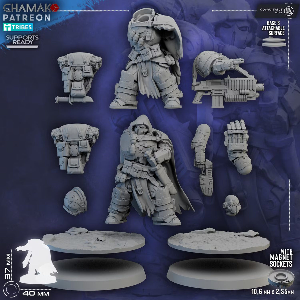 Multipart components for the two Ghamak Lost Legion Captains with bodies, arms, weapons, heads, backpacks, and scenic bases
