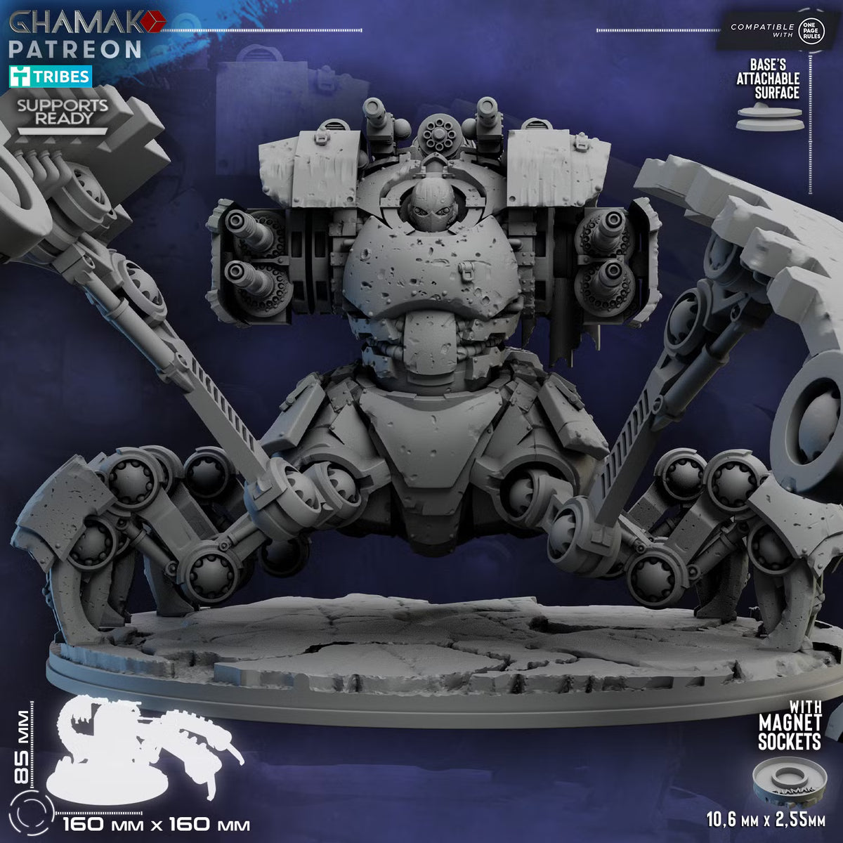 Front close-up of the Lost Legion Terror Bastion with battered armor, articulated limbs, shields, and mounted guns
