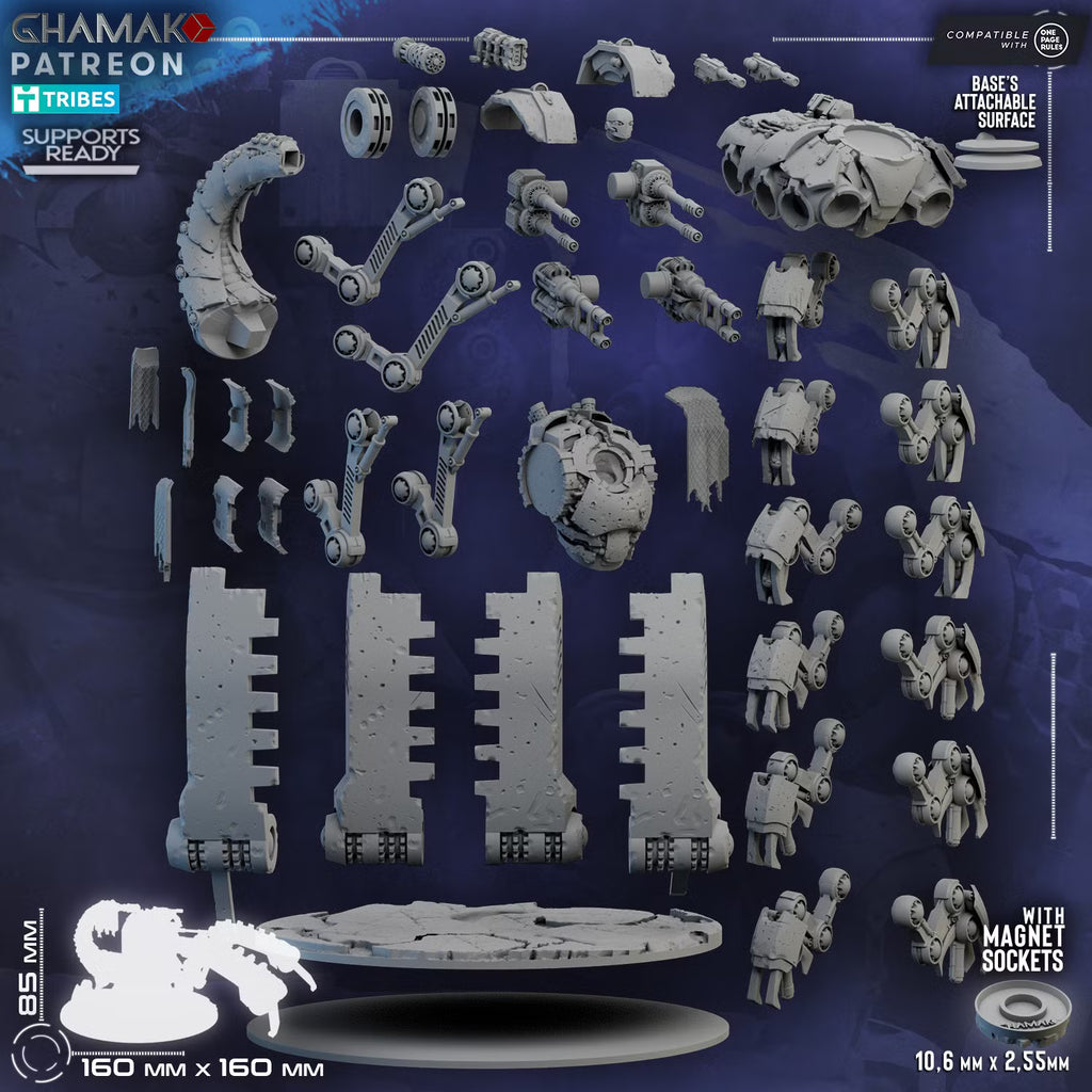 Multipart components for the Ghamak Lost Legion Terror Bastion including armor, weapons, mechanical limbs, shields, and scenic base

