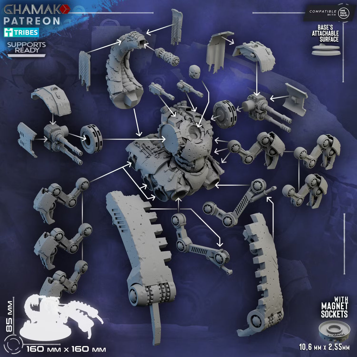 Component placement guide for assembling the multipart Lost Legion Terror Bastion sci-fi siege walker
