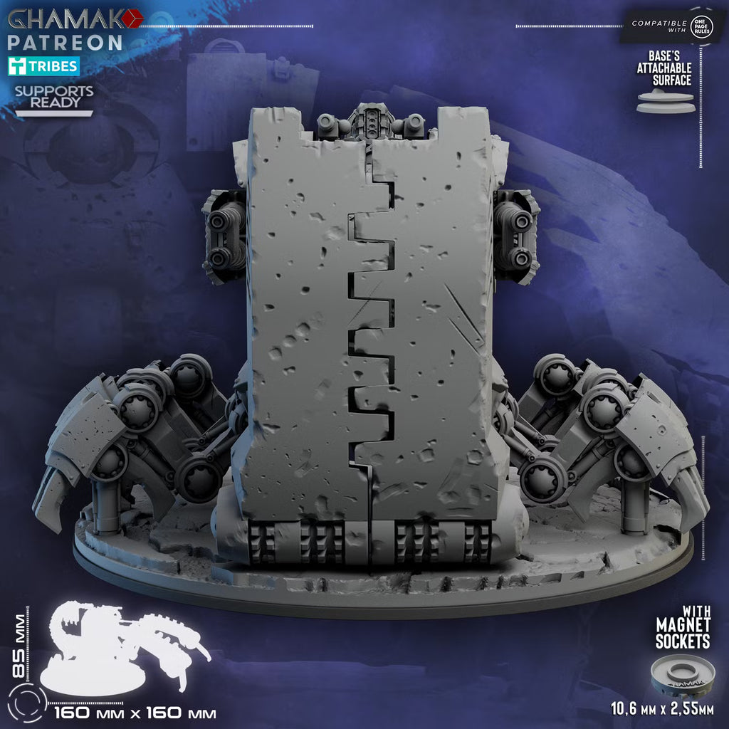 Rear view of the Lost Legion Terror Bastion showing tracked shield plates, mechanical leg assemblies, and heavy armor
