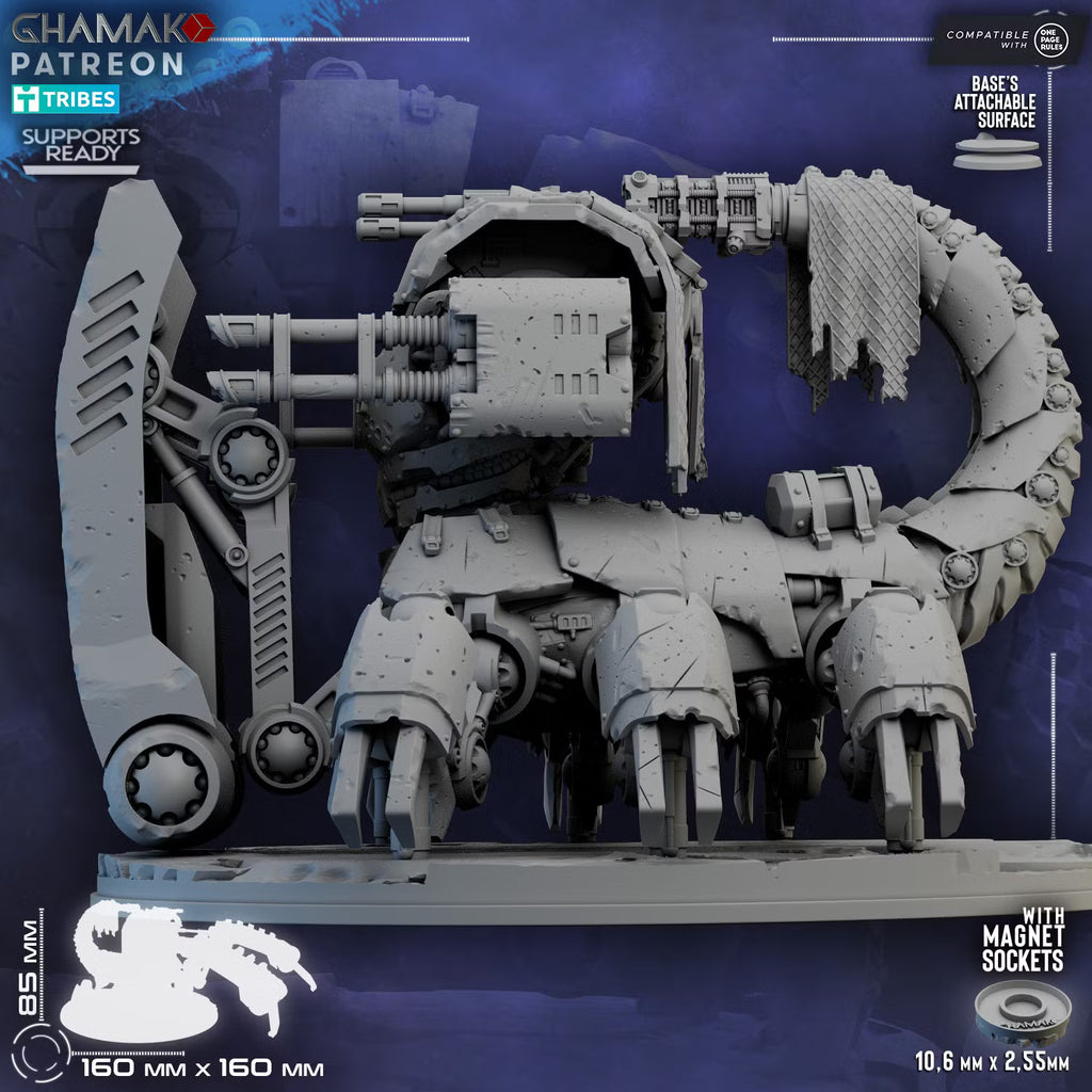 Side view of the Lost Legion Terror Bastion with heavy cannons, mechanical limbs, armored shields, and curved rear plating
