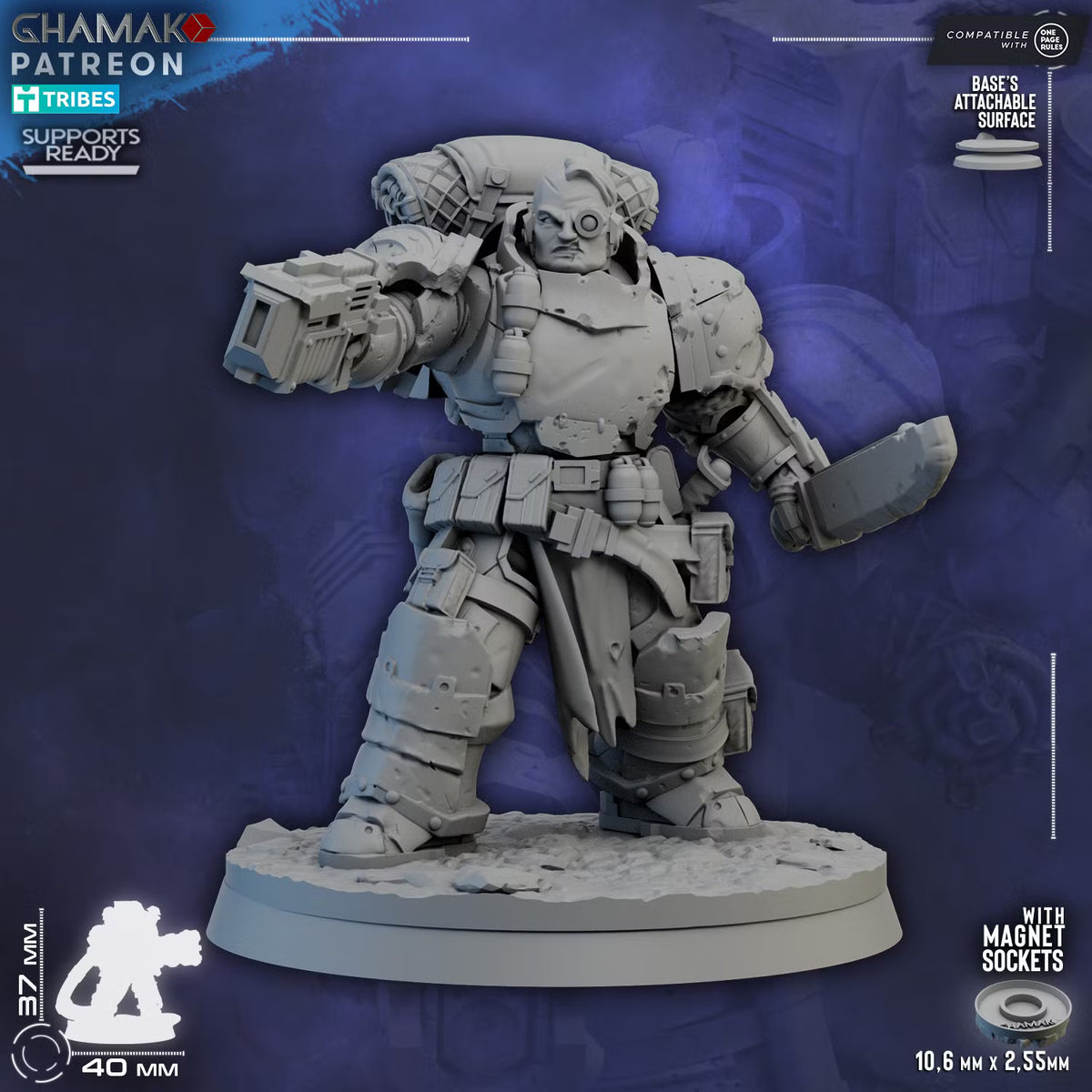 Lost Militum heavy infantry miniature with cybernetic eye, compact firearm, cleaver, damaged armor, and 40mm scenic base
