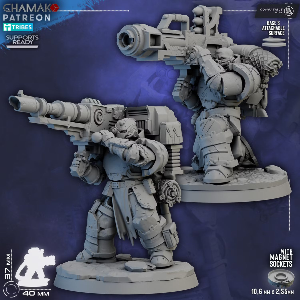 Two Lost Militum Heavy Weapons miniatures carrying an oversized launcher and long-barreled energy cannon
