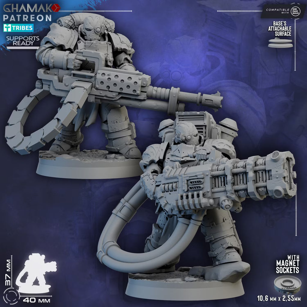 Two armored Lost Militum specialists carrying a heavy flame weapon and large cable-fed energy cannon
