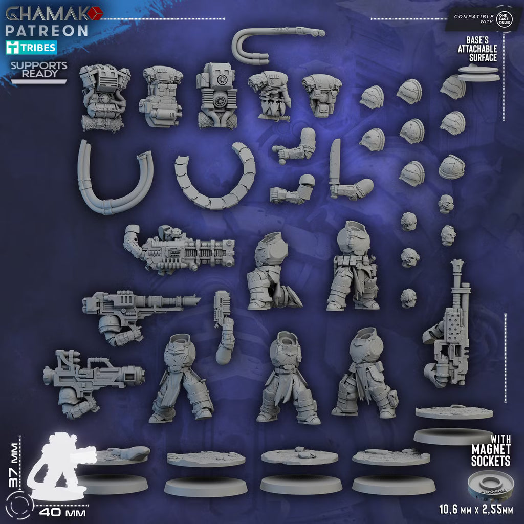 Modular parts for five Lost Militum Heavy Weapons miniatures with bodies, weapons, heads, backpacks, armor, and scenic bases
