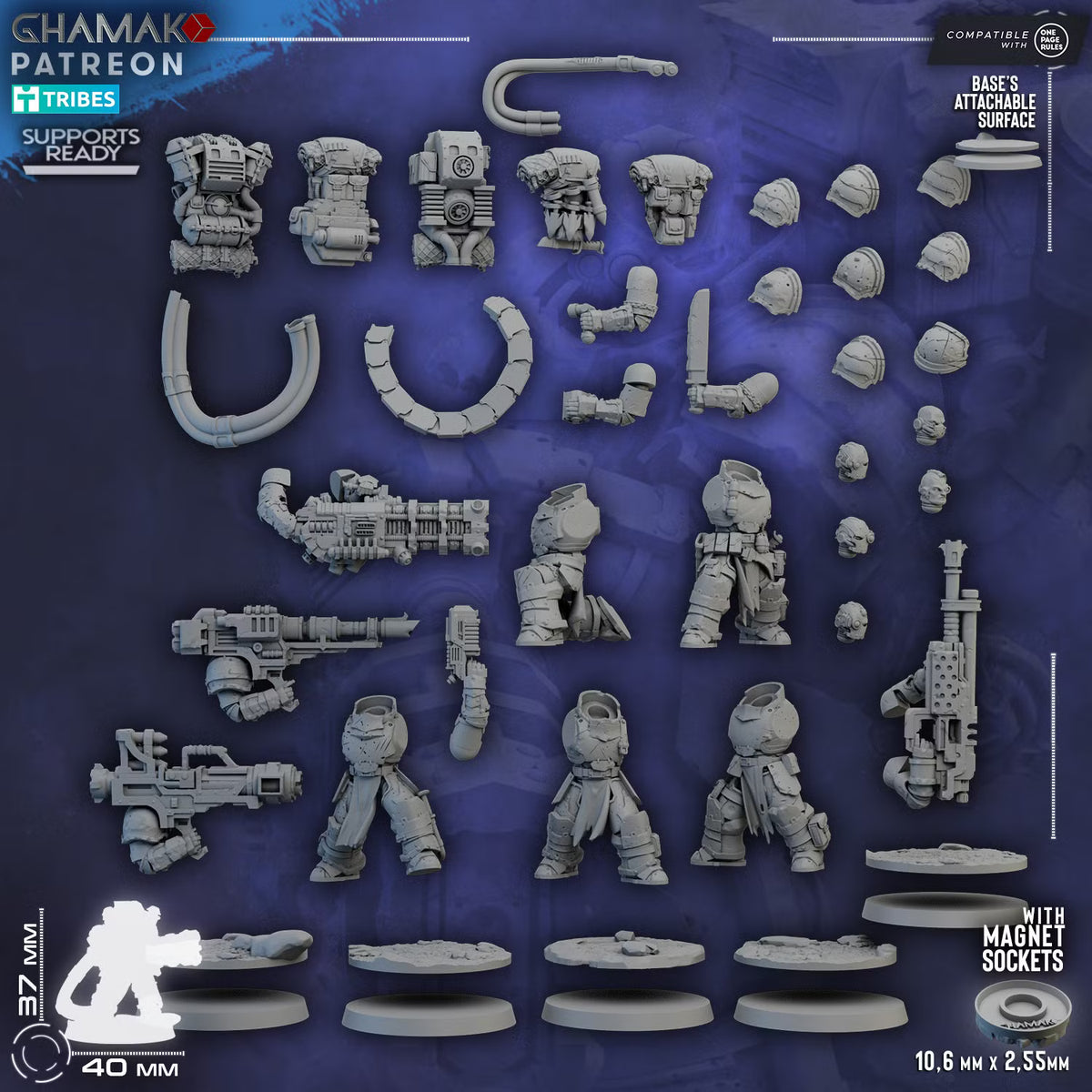 Modular parts for five Lost Militum Heavy Weapons miniatures with bodies, weapons, heads, backpacks, armor, and scenic bases
