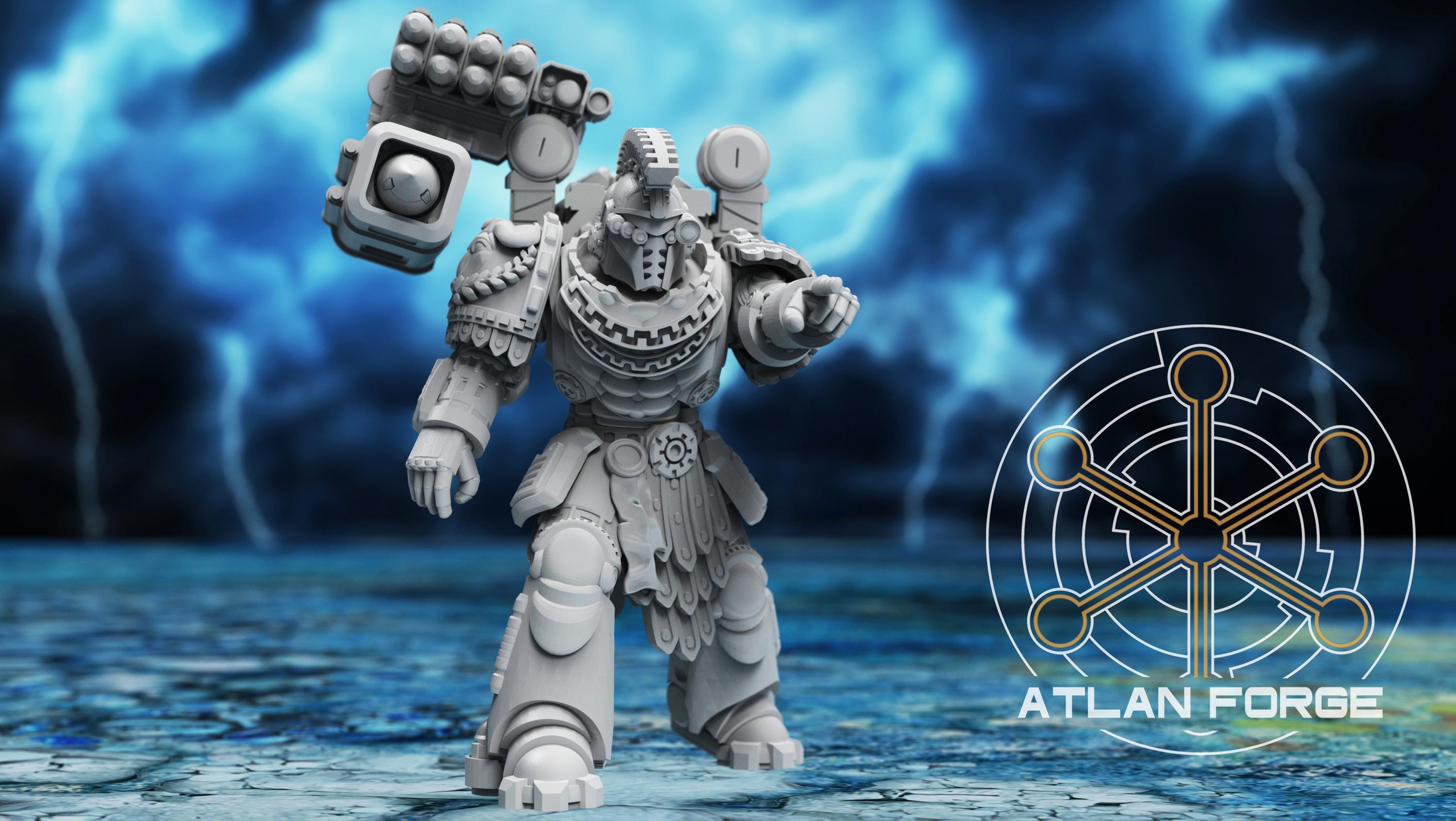 Close-up of model 4 of the Minoan Astraponites by Atlan Forge showing facial features, weapons, and sculpted details.