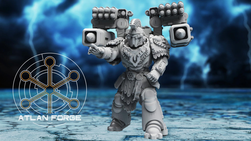 Close-up of model 1 of the Minoan Astraponites by Atlan Forge showing facial features, weapons, and sculpted details.
