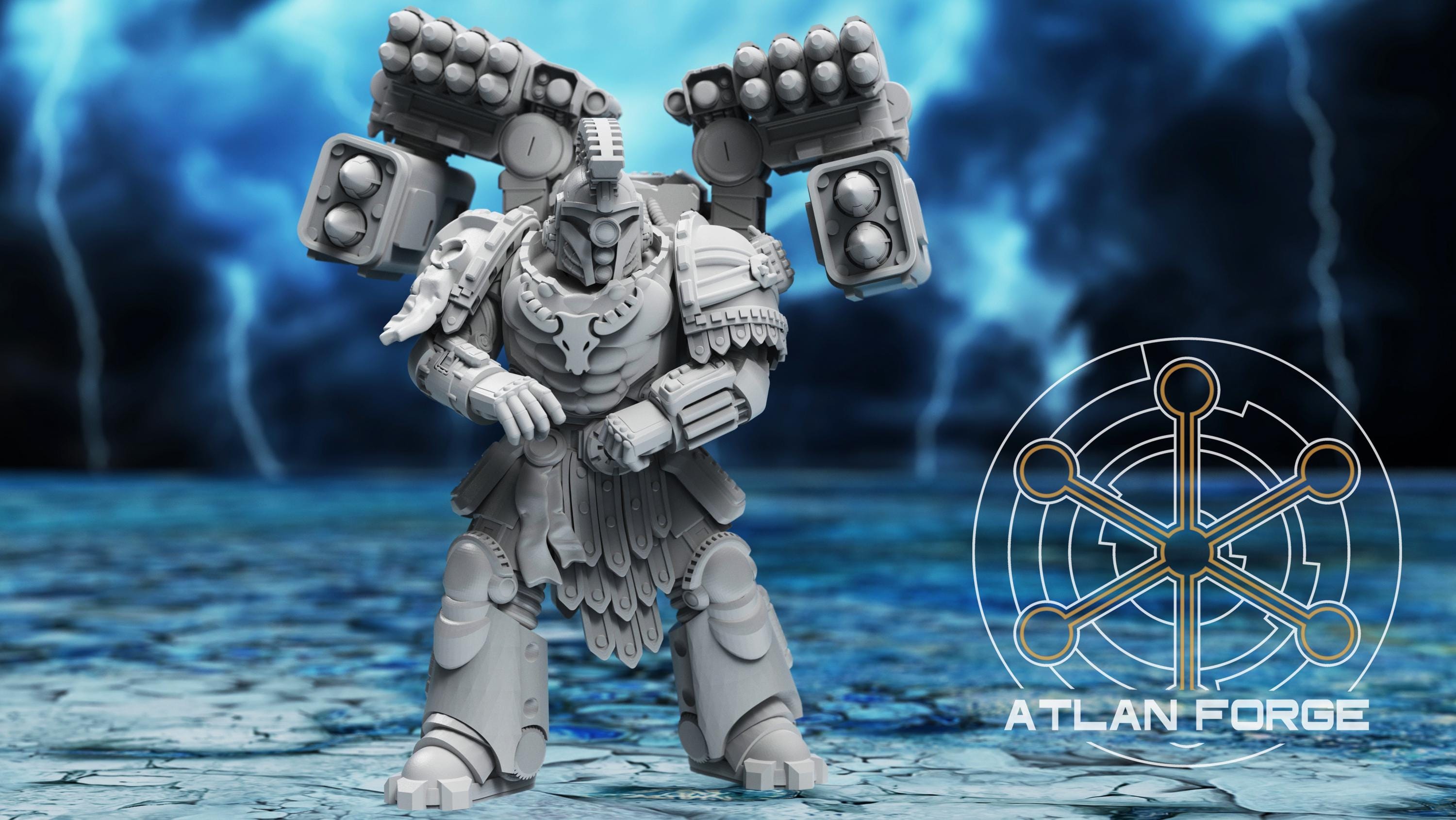 Close-up of model 2 of the Minoan Astraponites by Atlan Forge showing facial features, weapons, and sculpted details.