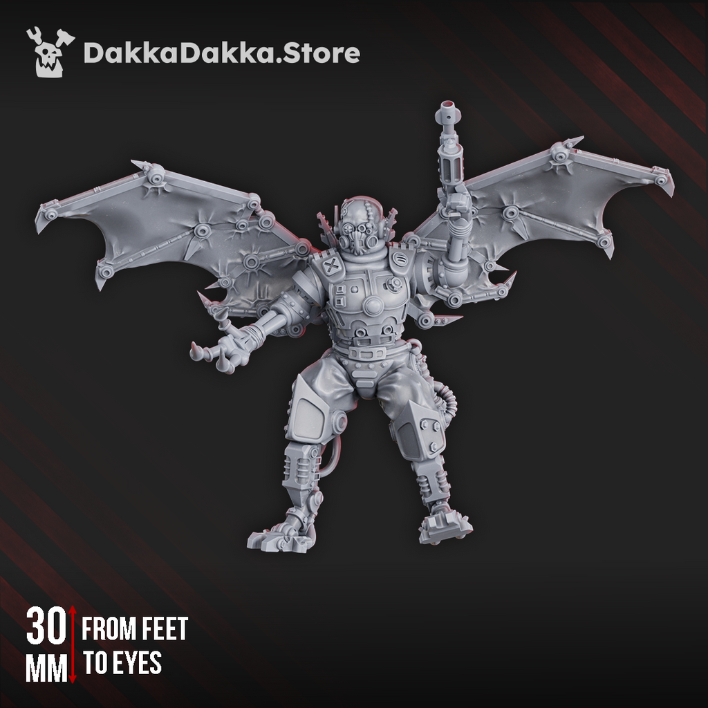 Front view of the Machine Cult Sky Stalker by DakkaDakka, a winged cybernetic sci-fi warrior armed with a pistol and mechanical claw.