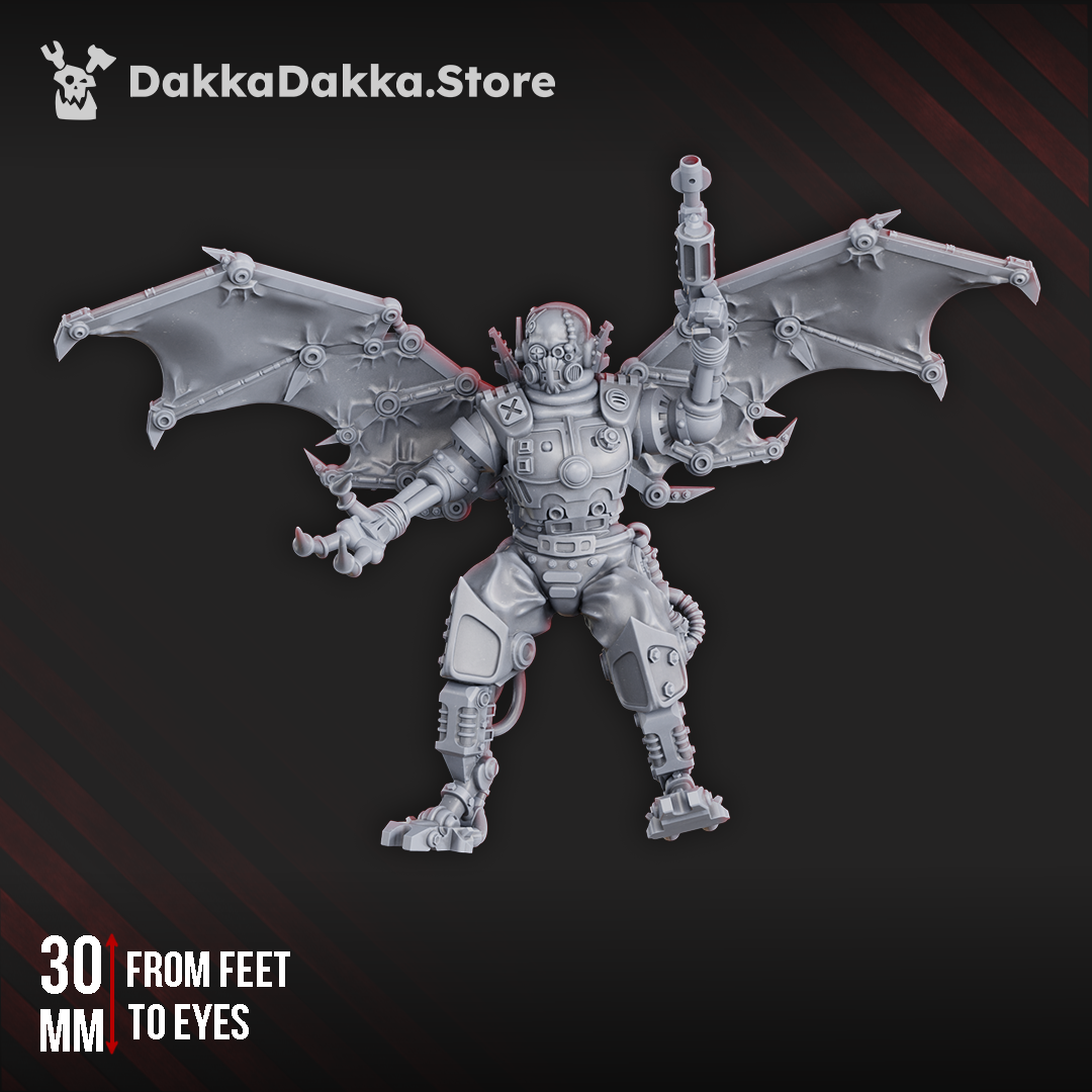 Front view of the Machine Cult Sky Stalker by DakkaDakka, a winged cybernetic sci-fi warrior armed with a pistol and mechanical claw.