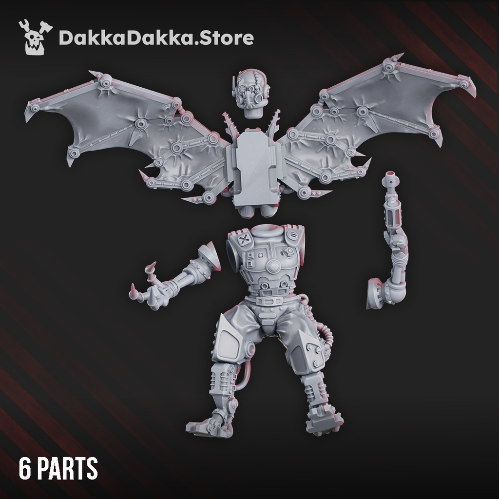 Six-part Machine Cult Sky Stalker miniature by DakkaDakka showing separate mechanical wings, head, body, pistol arm, and claw arm.