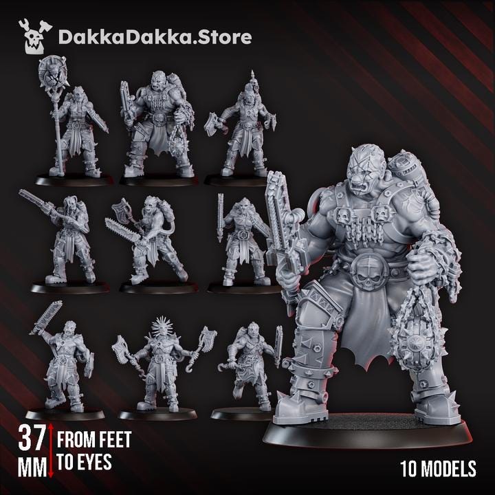 Ten‑model set of grimdark Mad Hyenas Squad miniatures, including a large armored leader figure and multiple warriors with melee weapons, shown on round bases