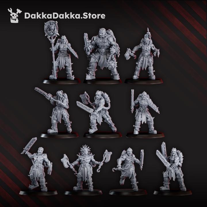 Grimdark Mad Hyenas Squad 3D‑printed tabletop miniatures featuring ten armored warrior models with detailed weapons, gear, and bases