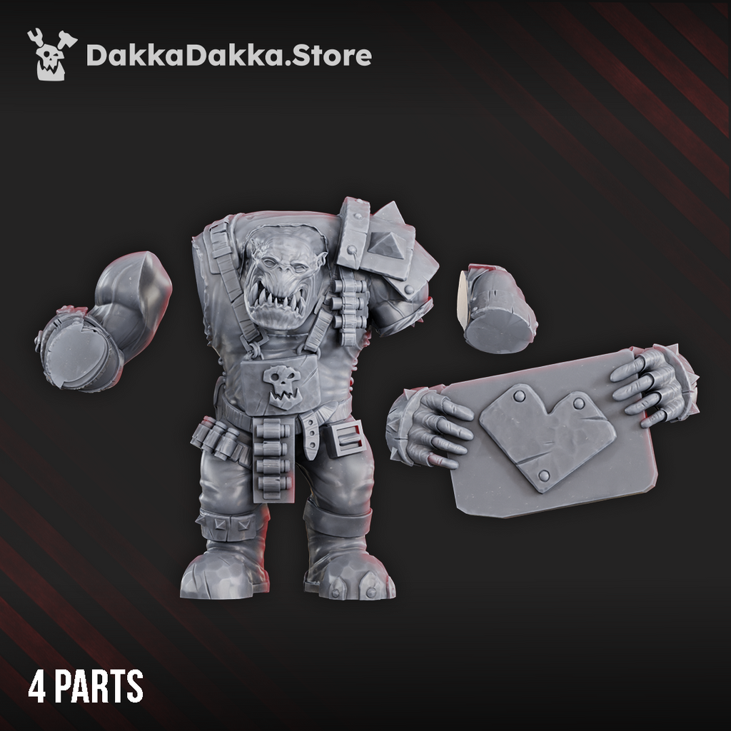Make WAAAGH! not War by DakkaDakka shown in separate resin parts, including sci-fi orc body, arms, and oversized sign shield for assembly.