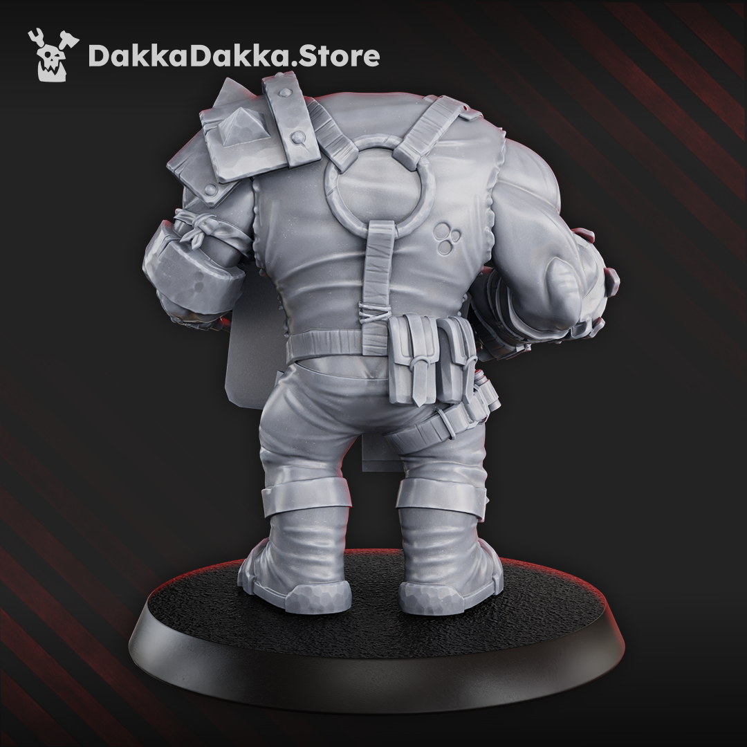 Rear view of Make WAAAGH! not War by DakkaDakka, showing the sci-fi orc miniature’s back straps, armor details, large sign shield, and rugged clothing sculpt.