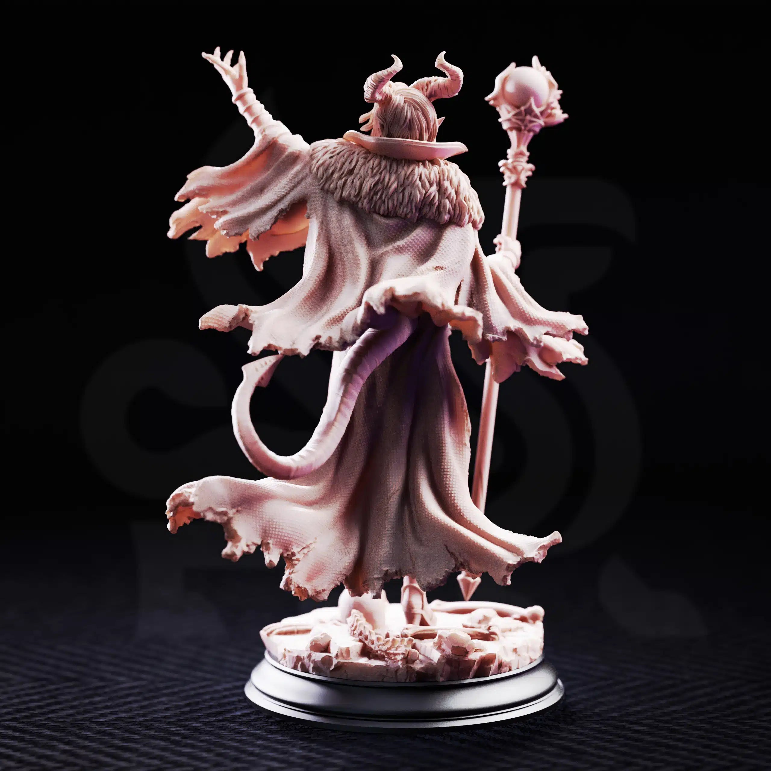 Rear view of Mallory the Envious showing the detailed cloak, tail, staff, and sculpted fantasy armor.
