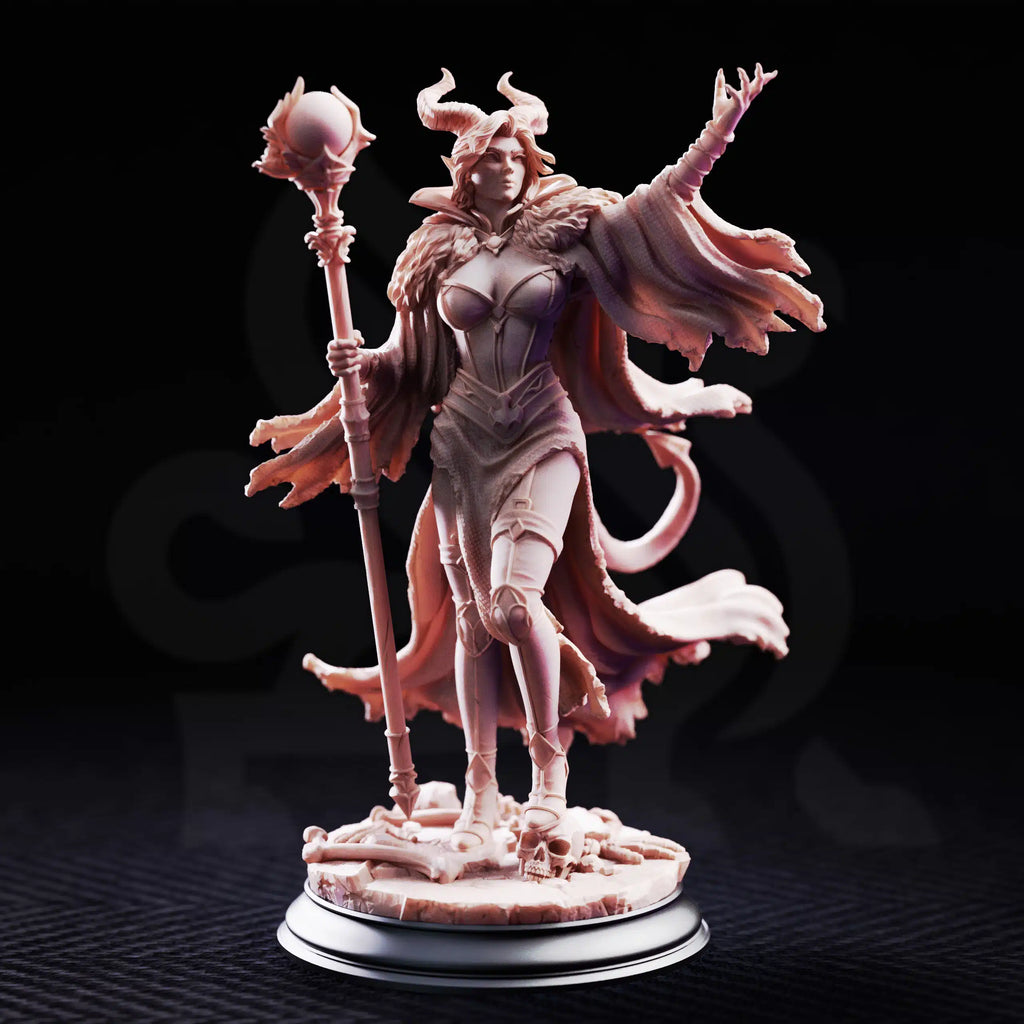 Front view of Mallory the Envious highlighting the horned crown, magical staff, and commanding villain pose.